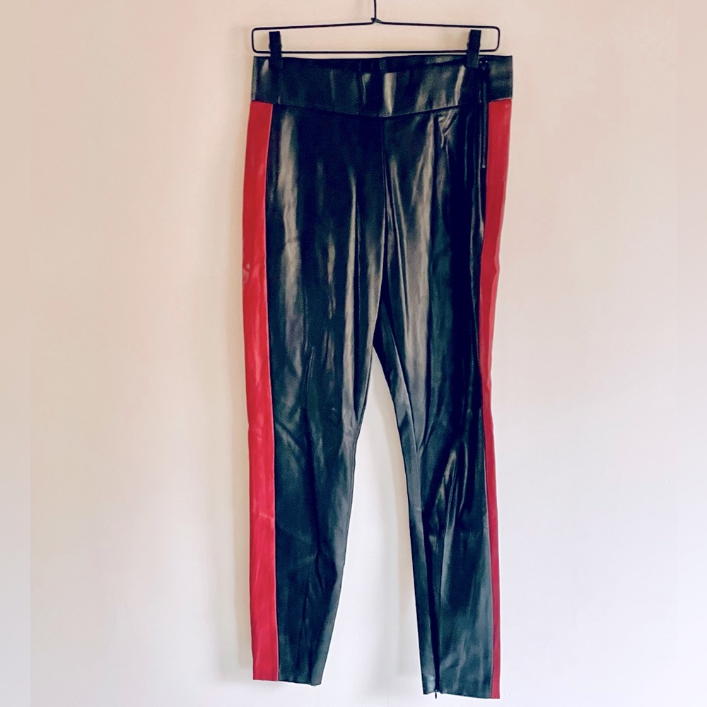 Zara Vegan Leather Leggings Black w/ Red Tuxedo Stripe sz L